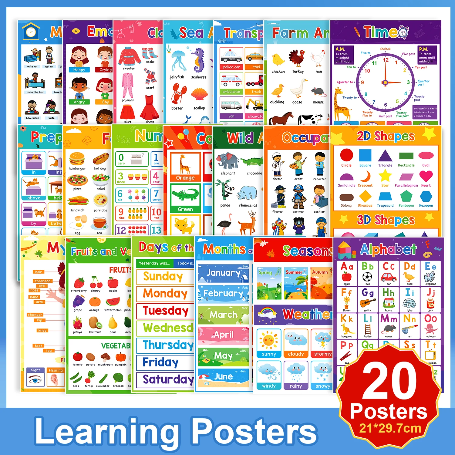 20 Themes Children Learning English toys School classroom educational A4 posters Decoration big cards Wall Sticker