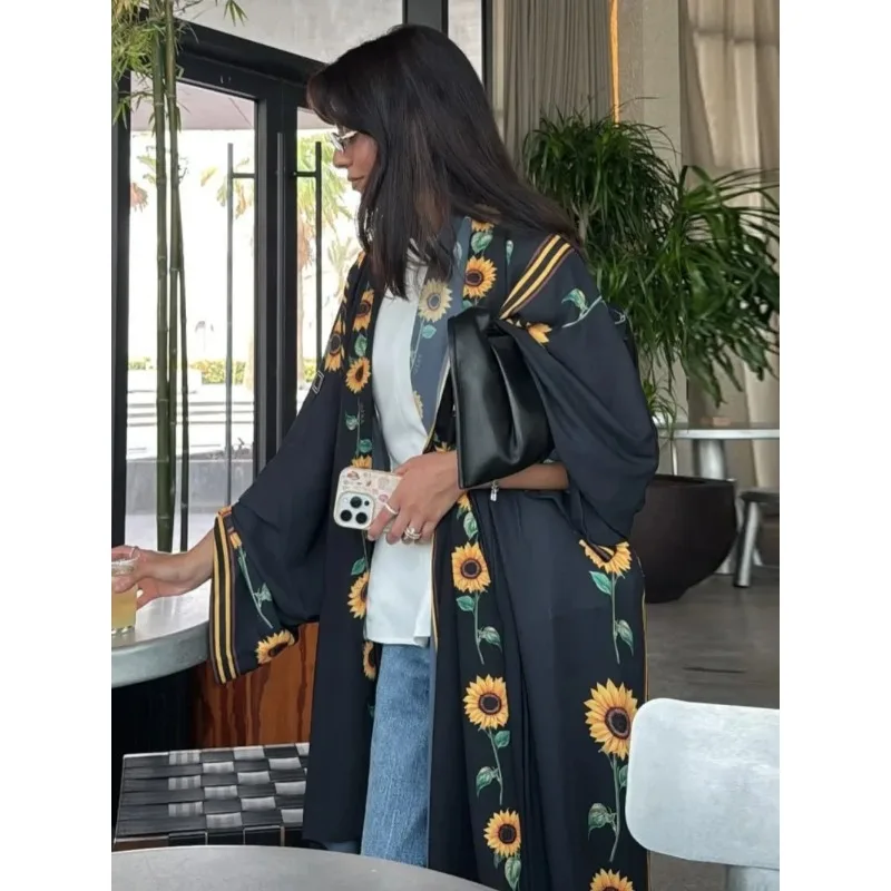 Eid Middle Eastern Muslim Women Print Cardigan Dress Ramadan Dubai Modest Abaya Dress with Hijab Loose Islamic Holiday Outfit
