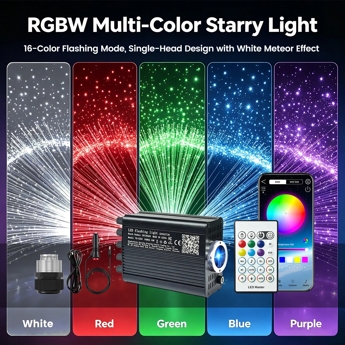 16W RGBW Fiber Optic Star Ceiling Light Kit with Twinkle & Meteor Effect, Bluetooth APP + 24-Key Remote Control Music Sync for Car Roof Home Theater, 100-500pcs 0.75mm Fiber, US Stock