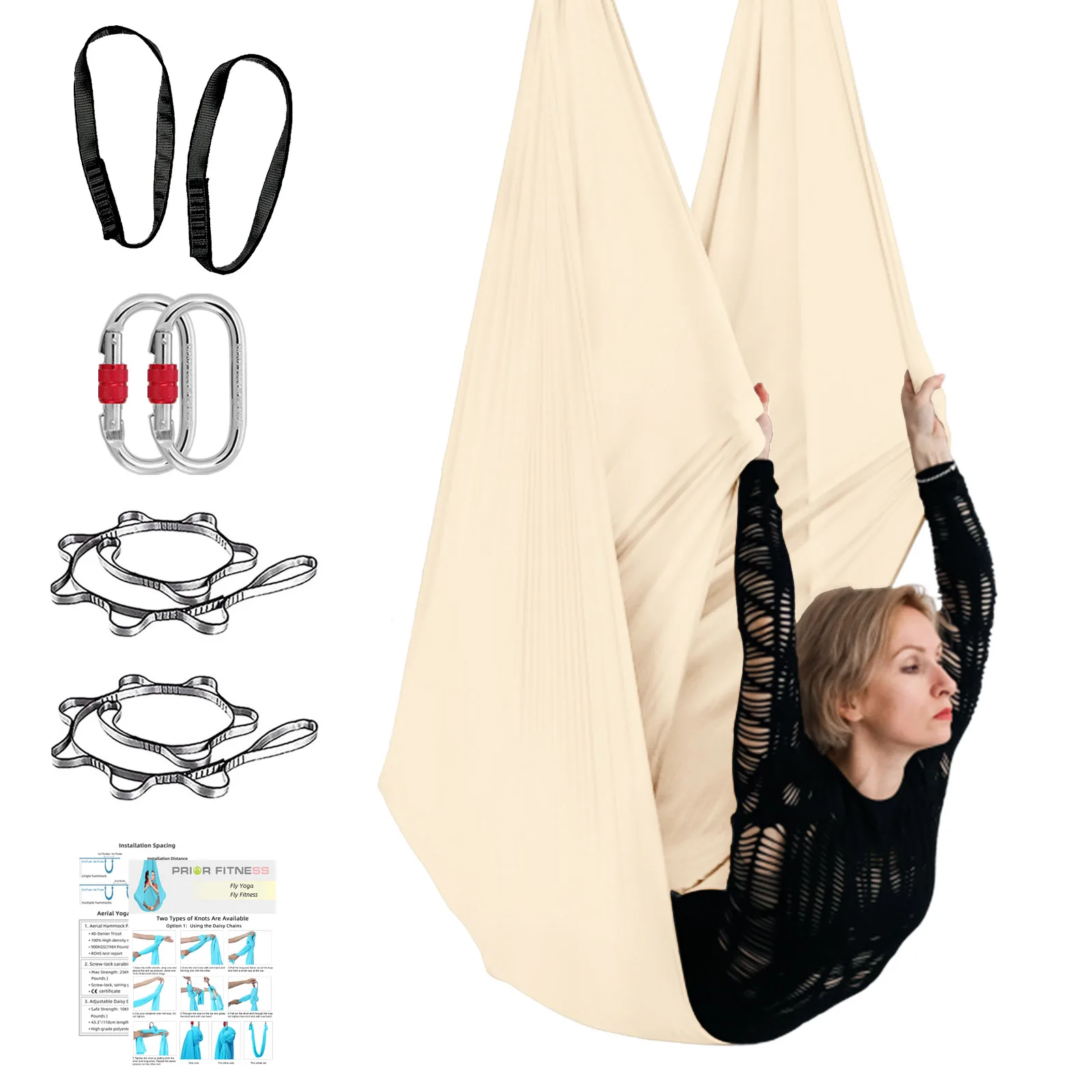 PRIOR FITNESS 4m Premium Low Stretch Aerial Yoga Hammock Set, Yoga Hammock Swing with Certified Rigging Hardware for Ant