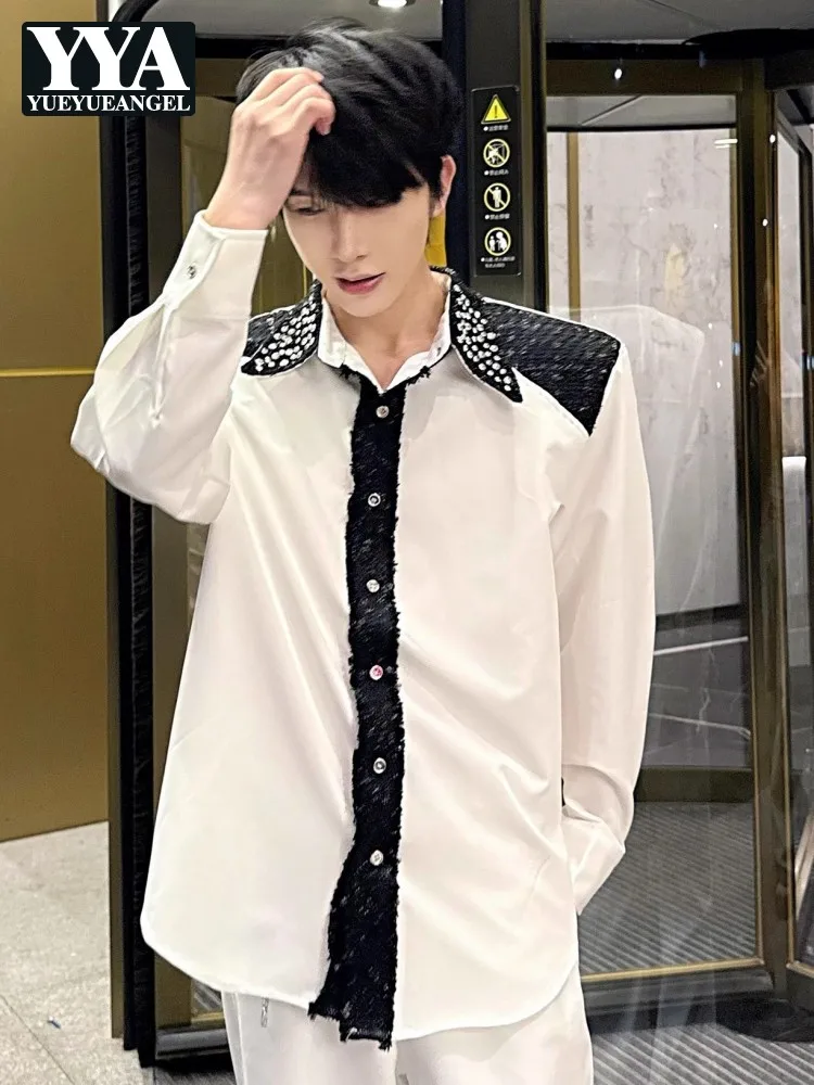 

Вечерние мужские рубашки, модные рубашки с длинным рукавом, разноцветные рубашки с отложным воротником и бриллиантами, повседневные однобортные топы в корейском стиле, мужские
