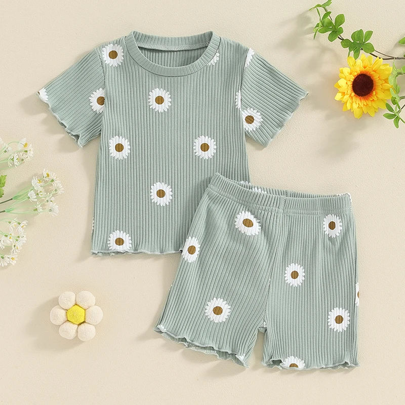 Toddler Baby Girl Summer Clothes Ruffle Ribbed Knit Short Sleeves T-Shirt Tops Shorts Cute Outfits Set