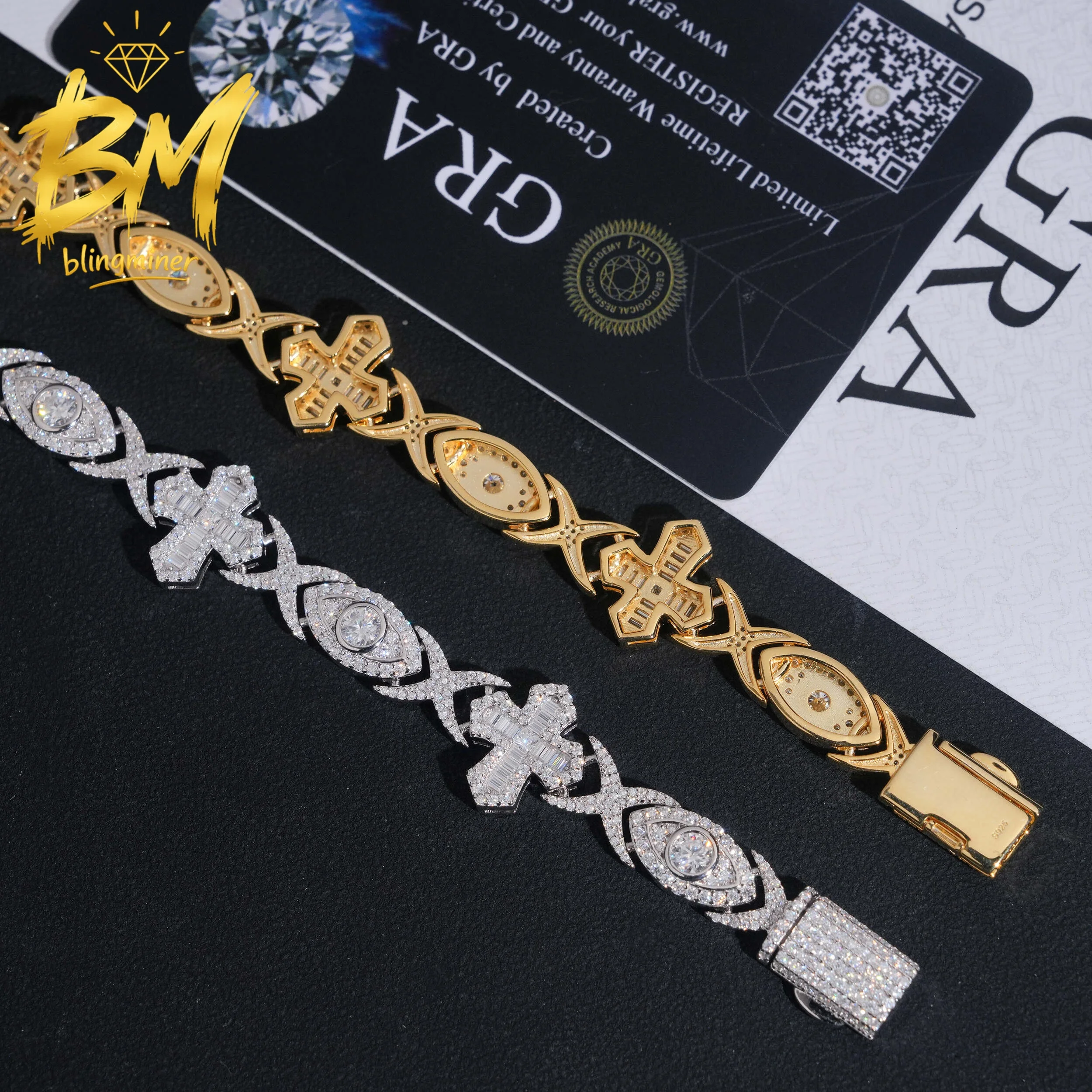 Blingminer 14mm Eyes and Cross Hip Hop VVS Moissanite Cuban Link Bracelet For Men S925 Silver Jewelry Pass Diamonds Tester GRA