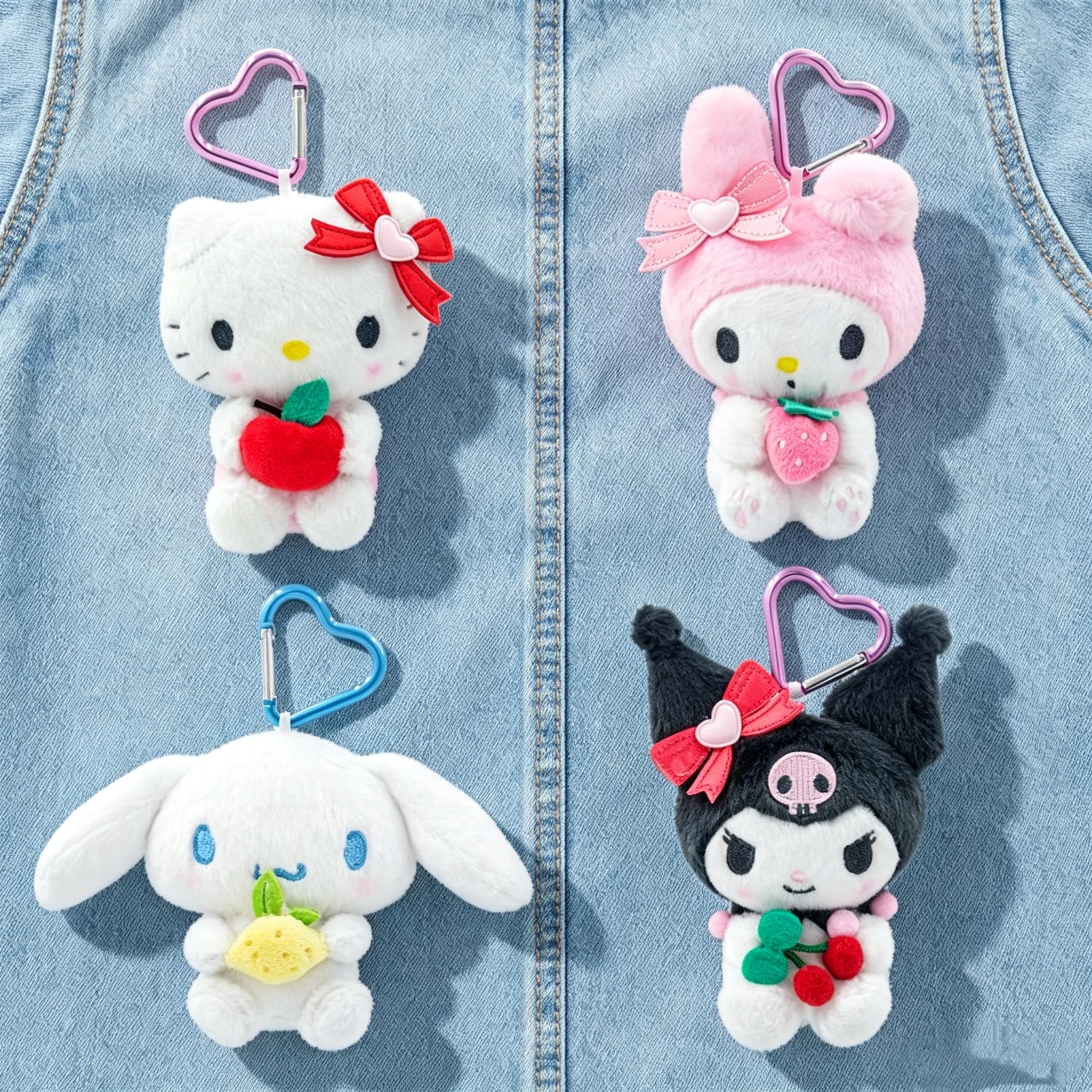 Sanrio Official Licensed Fruit Party Collection Plush Keychain, Cute Hello Kitty Kuromi My Melody Cinnamoroll Doll Pendant, Hear