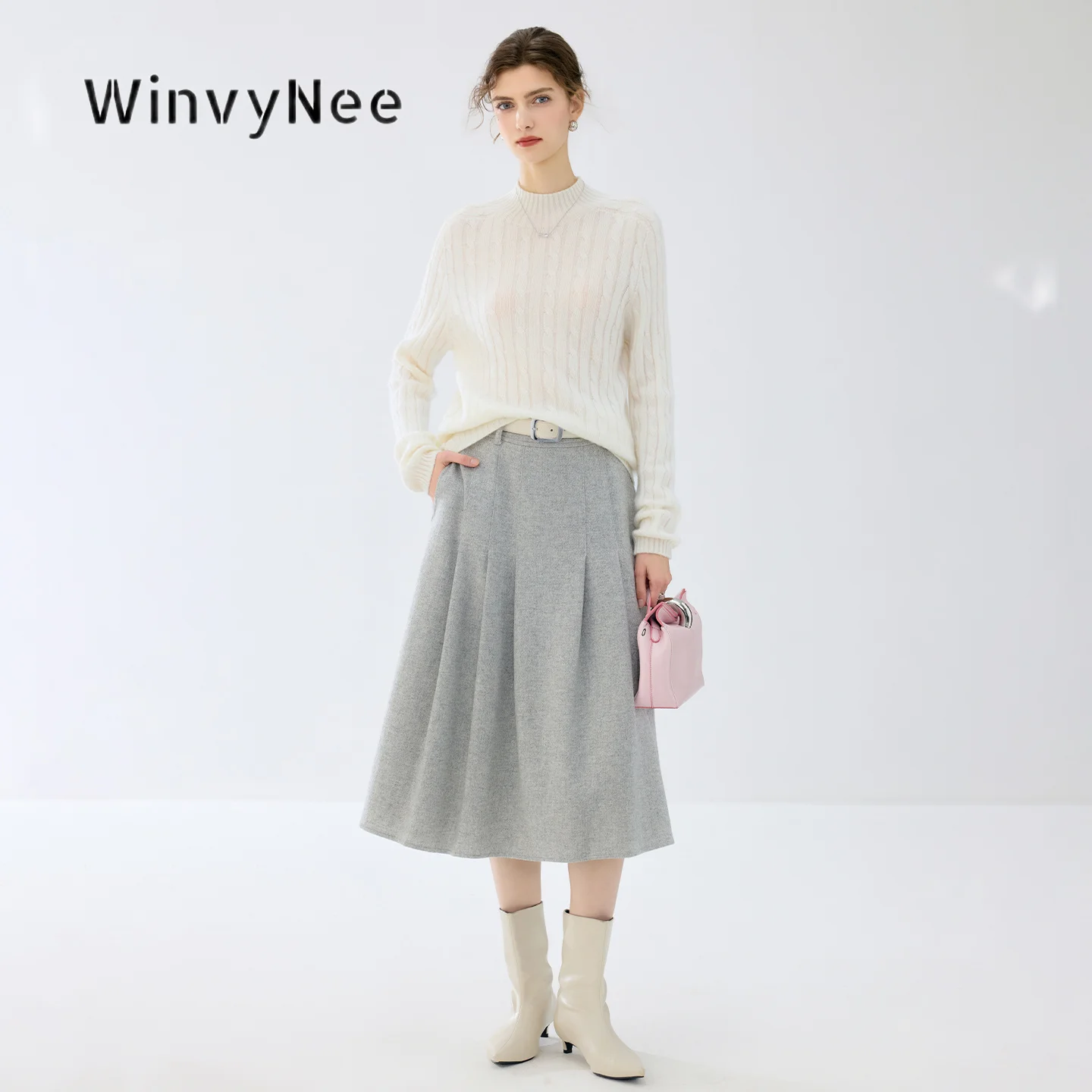 WinvyNee Women Vertical Cable Weave Cashmere Long Sleeve Mock Neck Sweater Knit Top Autumn Winter Thickened Luxury Wear A1944023