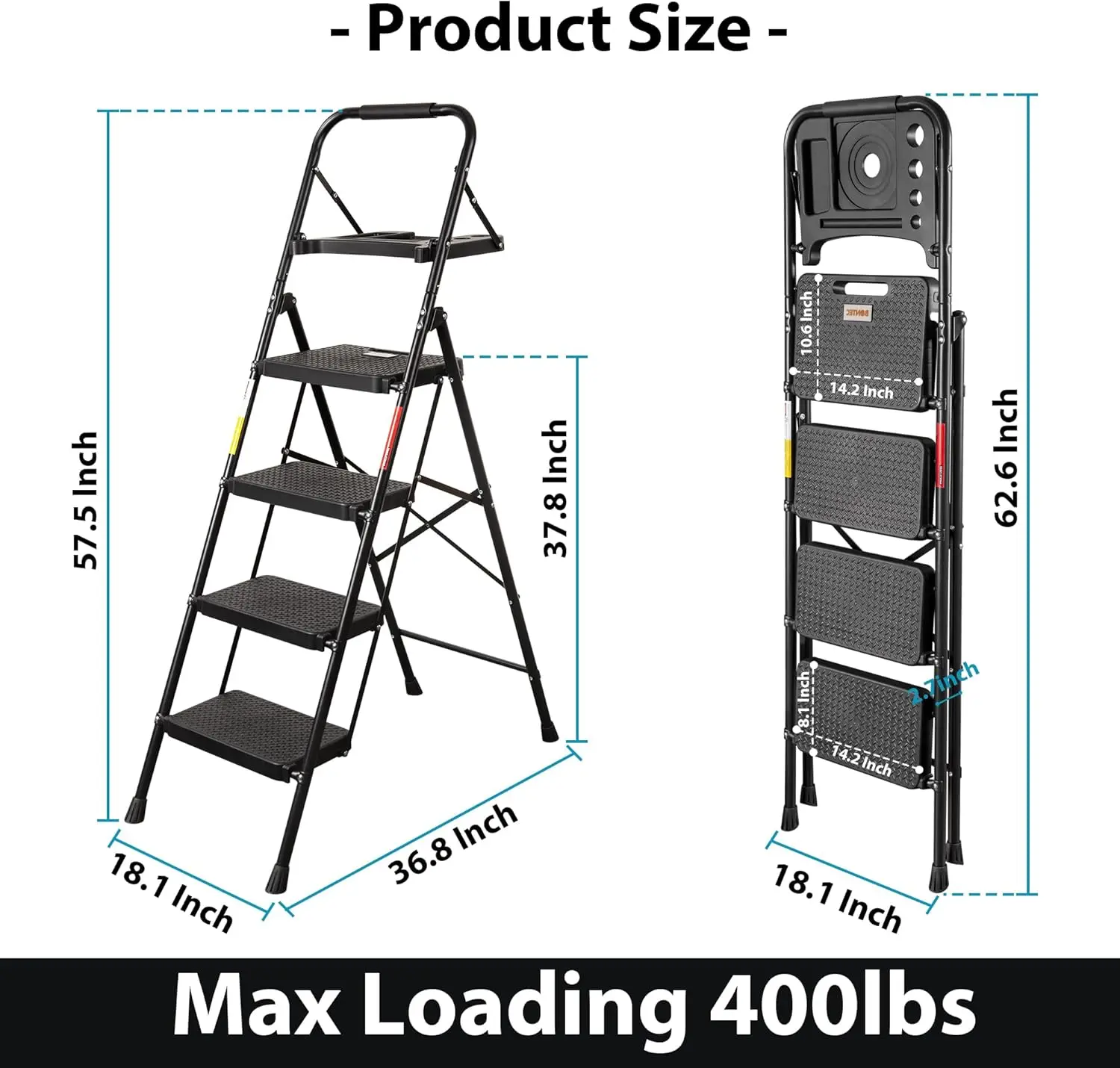 4-Step Ladder, Folding Step Stool with Tool Platform, Wide Anti-Slip Pedals, Max Load Capacity 400lbs Sturdy Steel Ladder