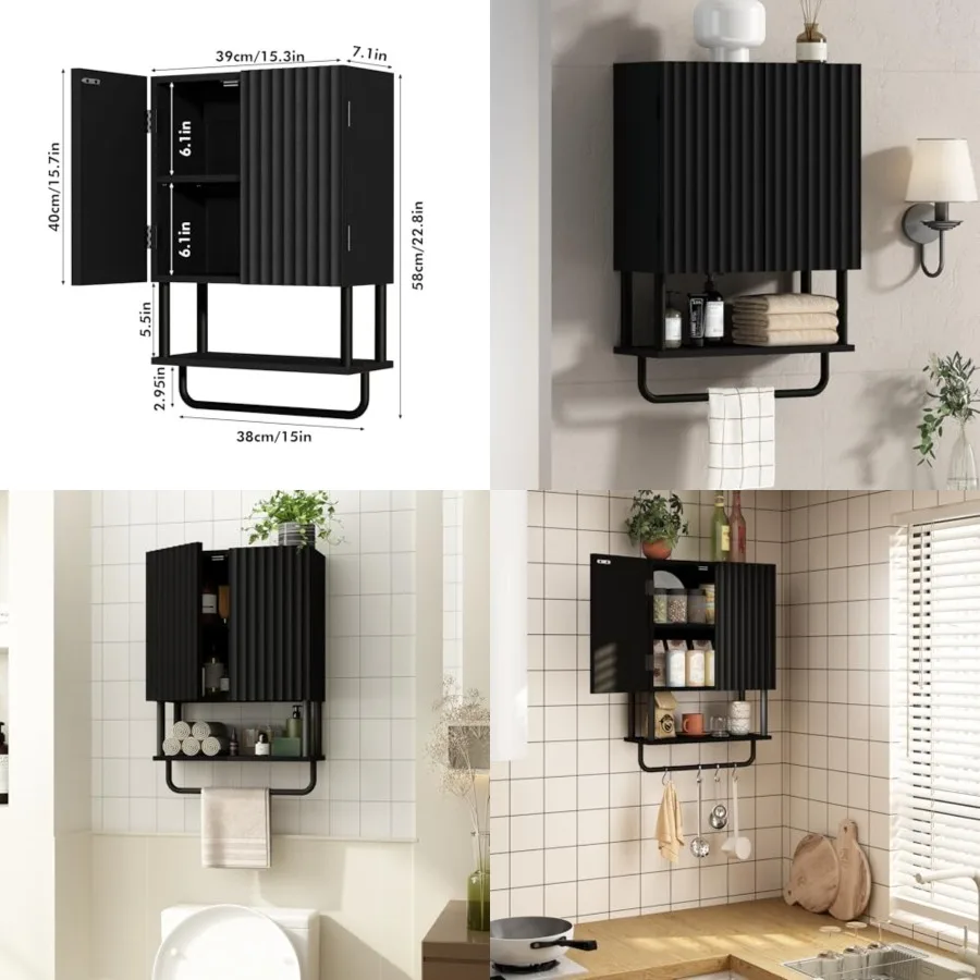 

Fluted Bathroom Wall Cabinet with 2 Doors, 3-Tier Modern Farmhouse Medicine Cabinet, Over The Toilet Storage Cabinet with Adjus