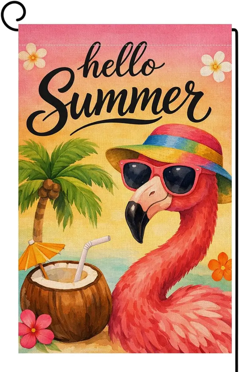 Hello Summer Flamingo Garden Flag 12x18 Vertical Double Sided Welcome Beach Seasonal Holiday Outside Decorations Burlap Yard jjp
