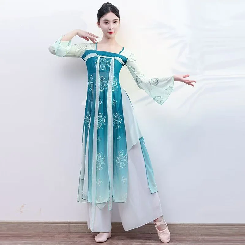 Klasyczny kostium taneczny dla kobiet dynastii Han Tang w stylu chińskim strój sceniczny pokaz występów elegancka długa sukienka do ćwiczeń z siateczki