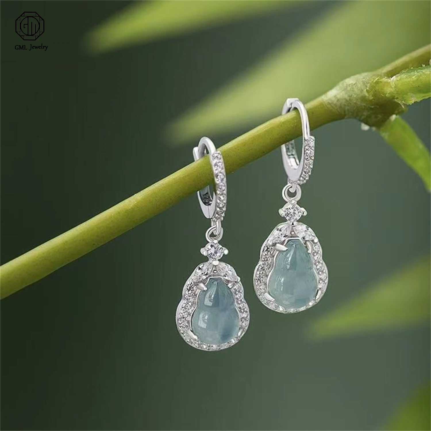 

925 Sterling Silver Double Fortune Gourd Earrings Natural Blue Water Jadeite Stud Trendy Women Party Holiday Jewelry Gift