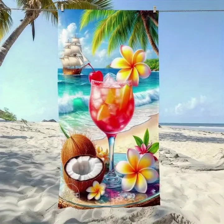 Tropical Cocktail Coconut Flower Print Beach Towel Summer Ocean Quick Dry Towel for Beach Swimming Pool Travel Camping Gym Daily
