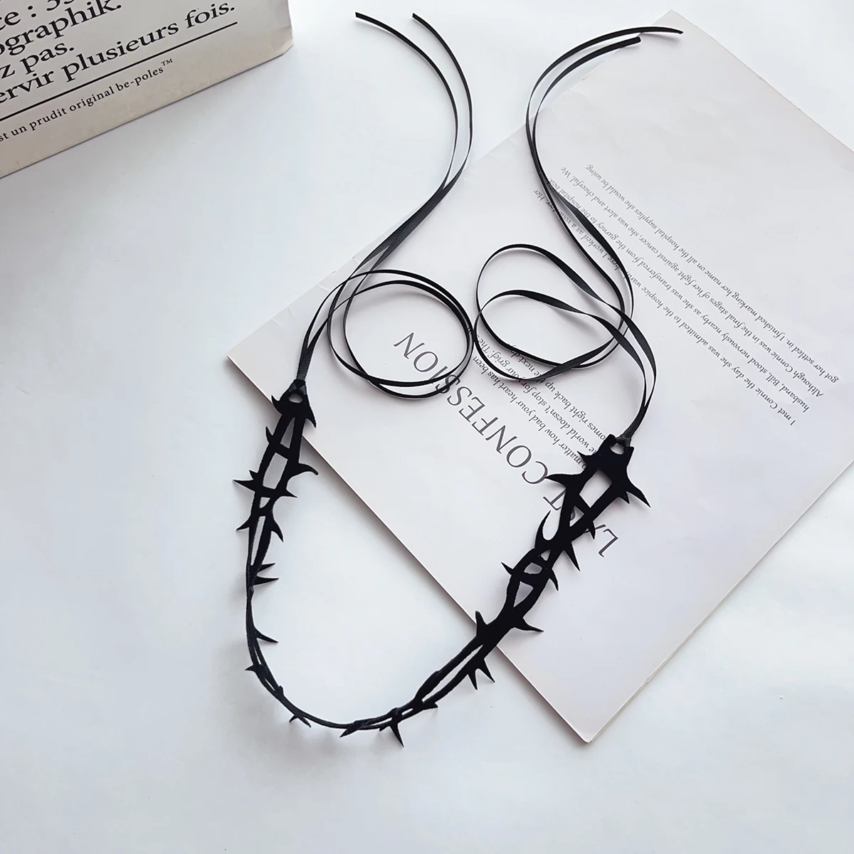 Dark Tie Goth Style Personality Fashion Suede Black Thorn Roleplay Witch Masquerade Ball Strap Choker Collar Necklace Gir