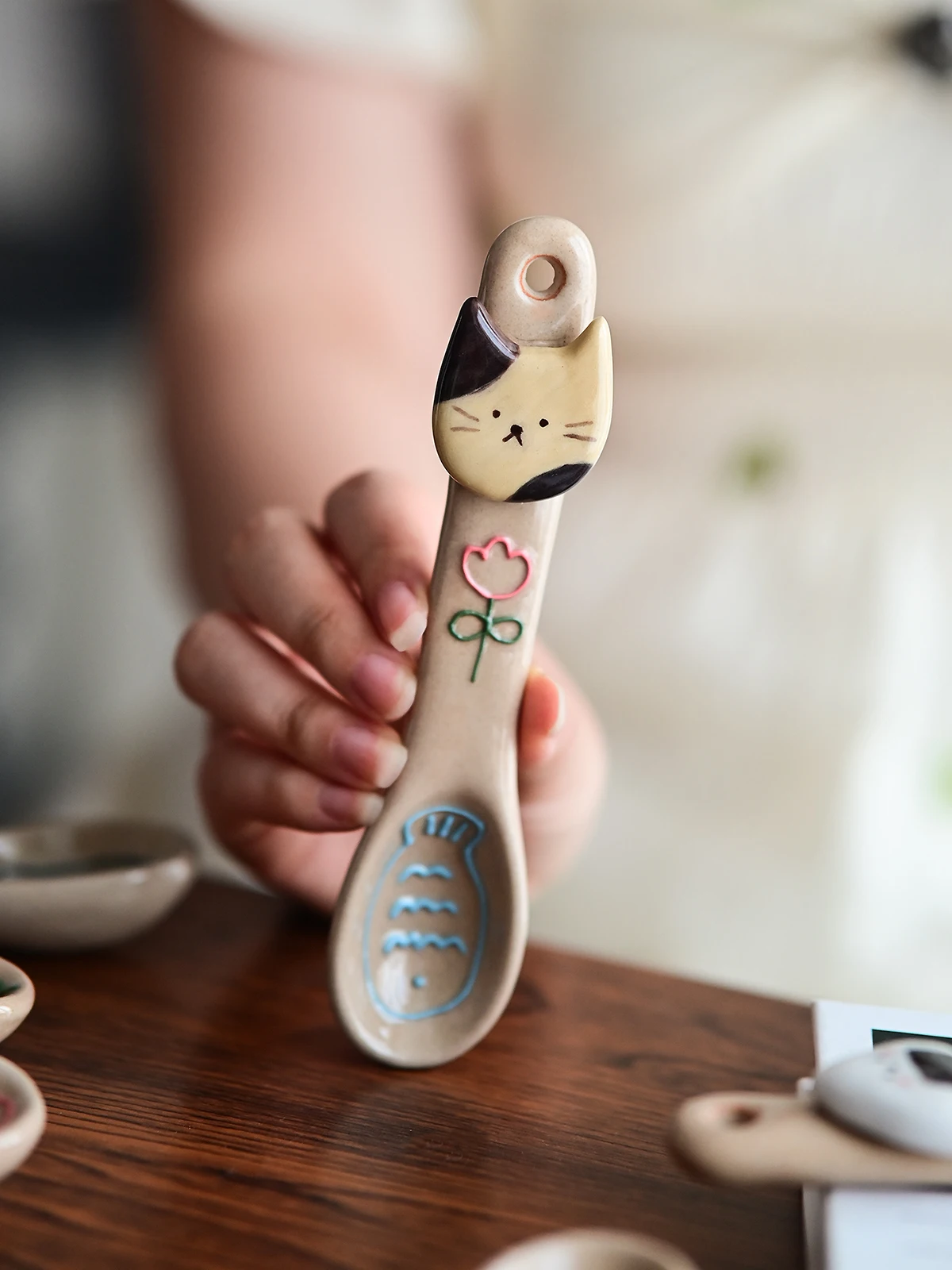 Hand-Painted Ceramic Spoon Vintage Style Utensils for Rice, Soup & Coffee, Adorable Cartoon Kitchenware Under Glazed Spoons