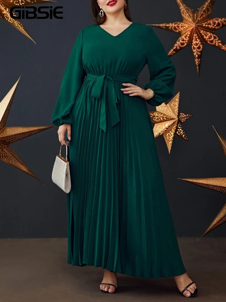 

GIBSIE Plus Size Elegant V-Neck Belted Pleated Dress For Women Spring Fall Lantern Long Sleeve Swing A-Line Maxi Dresses
