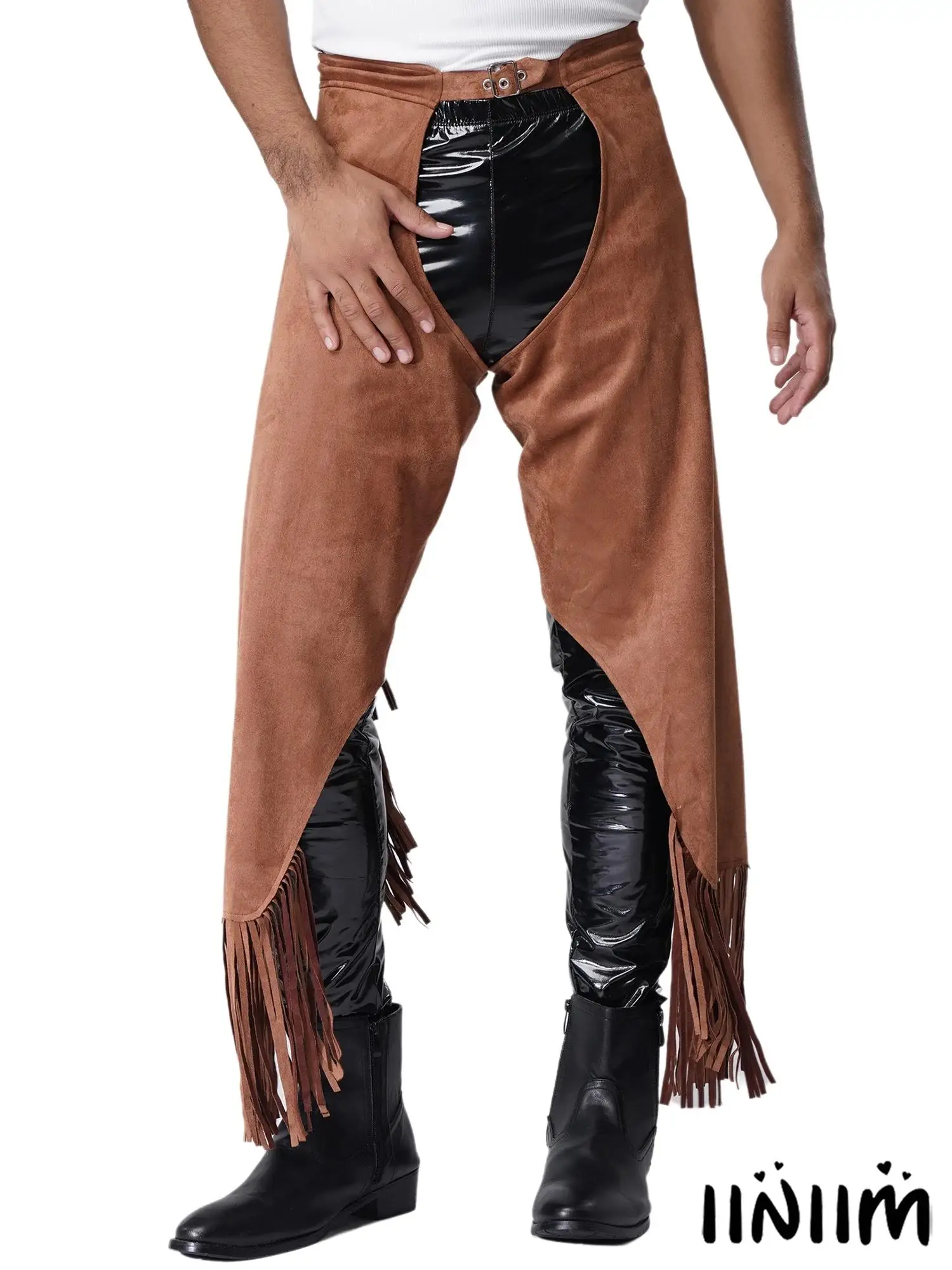 Men Cowboy Vest And Chaps Combo with Tassel Details And Wide Leg Design Comfortable Faux Leather Set for Western Themed Parties