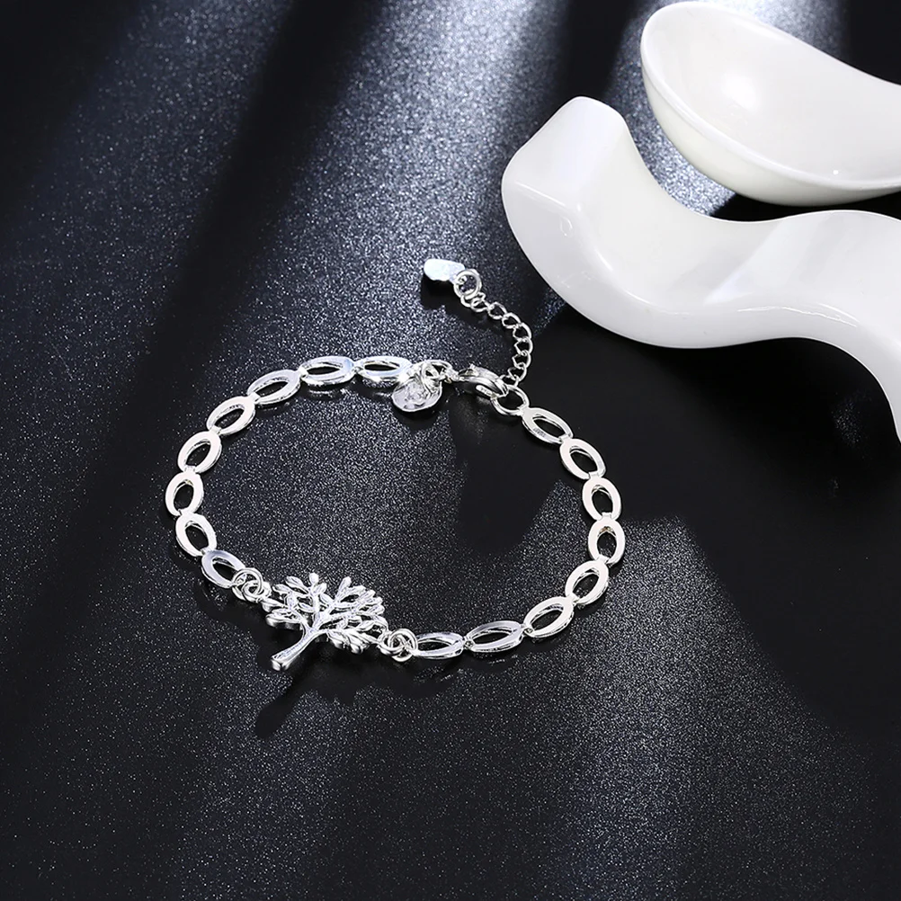 

Shiny Tree of Life Bracelet Silver Plated Flat Solid Chain Adjustable Extender Charm Bracelet for Casual Formal Wear
