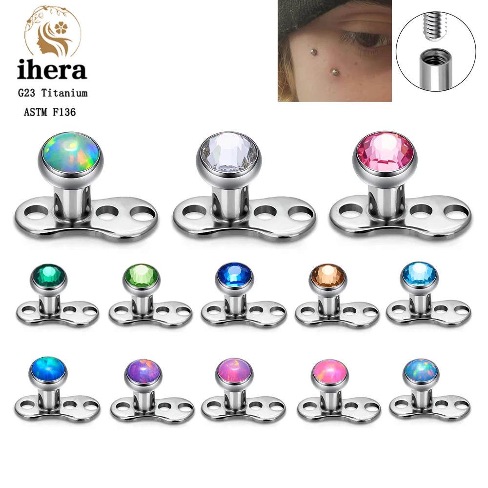 Pendientes de Titanio ASTM F136 de 14/16G con 3 Orificios y Rosca Interna, con Ópalo CZ de 3-5mm, para Piercing Dérmico, Joyería Corporal Microdermal