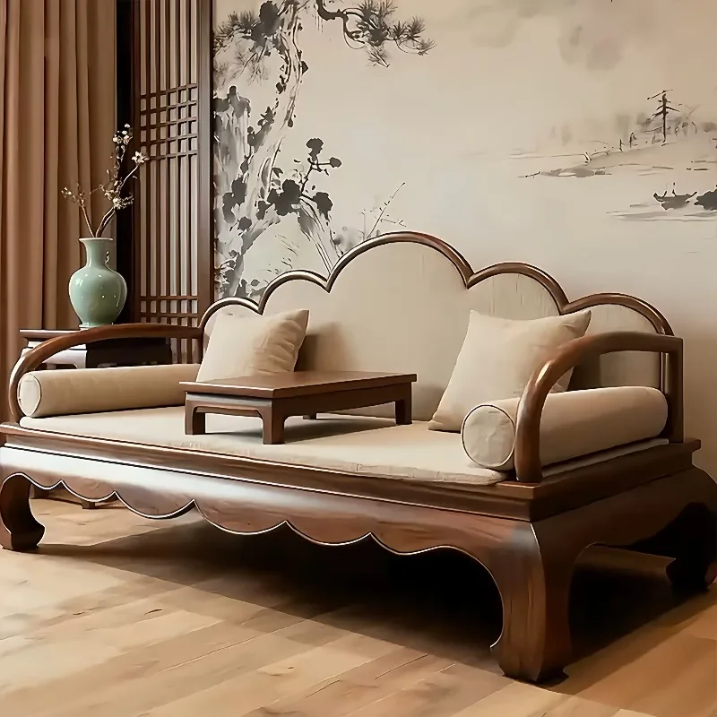 New Chinese solid wood sofa black walnut wood carving flower backrest simple zen living room Arhat bed leisure chair
