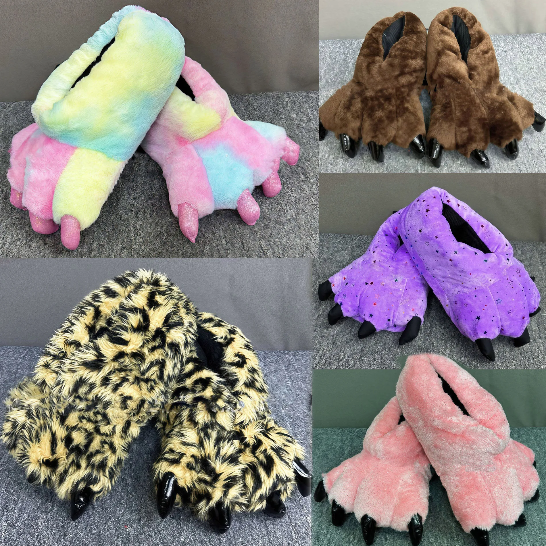 Women Winter Funny Tiger Dinosaur Animal Claw Plush Slippers Creative Cartoon Warm Soft Indoor Home Cotton Slippers Women Shoes