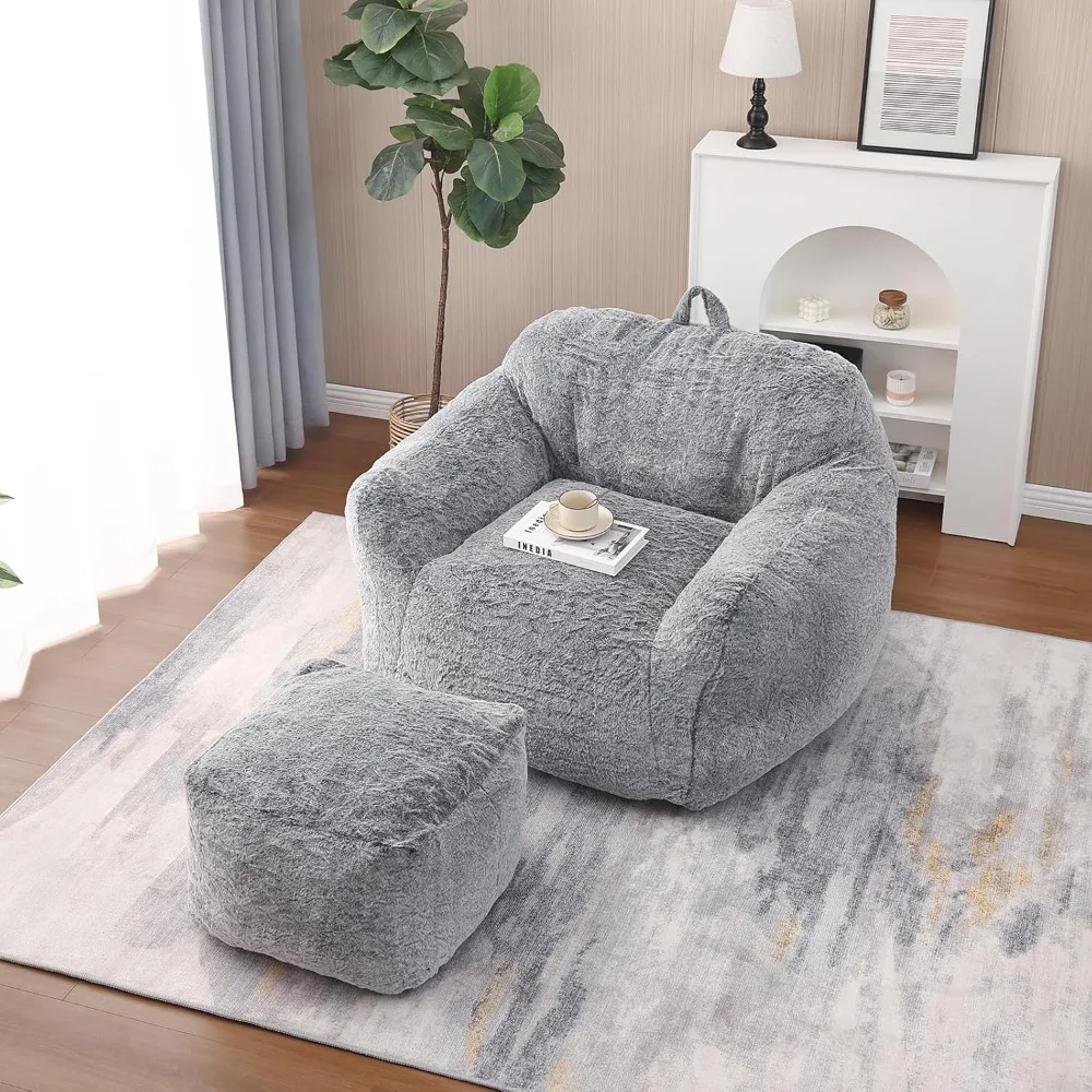 Bean Bag Chair, Fur Faux Arm with Ottoman, High Density Foam Padding with Pocket and Footstool, Lazy Bean Bag Sofa