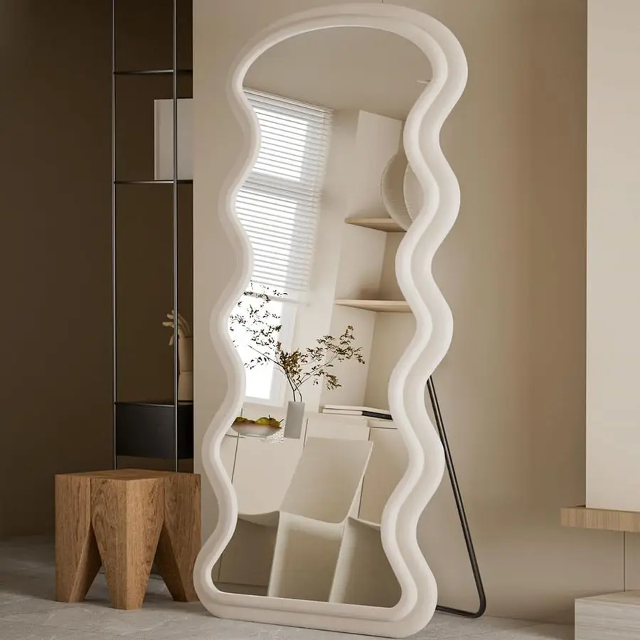 Wavy Mirror Full Length 71x32, Full Body Mirrors, Wavy Flannel Floor Mirror, Tempered Glass, Flannel Wrapped Wooden Frame, Wavy
