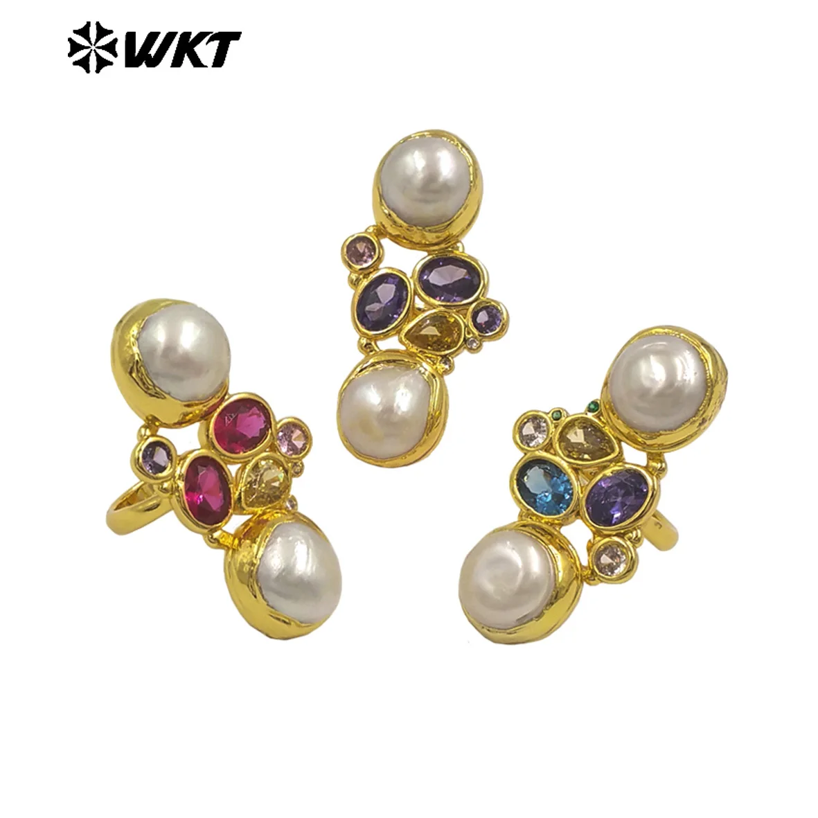 

WT-MR042 Amazing Pearl Ring With Cubic Zircon Adjustable Size Gold Plated Elegant Fashion Style Ladies Jewelry Wholesale