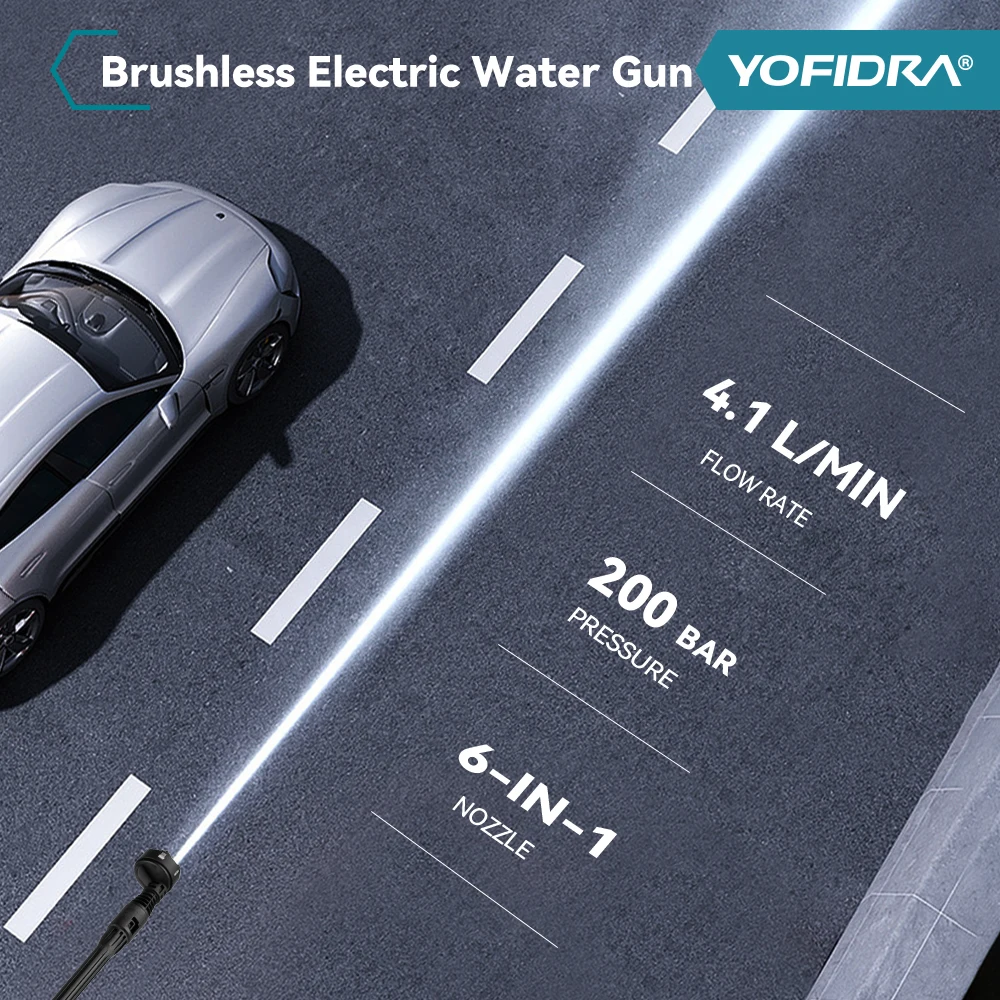 YOFIDRA 200Bar Brushless Elettrico Ad Alta Pressione Lavatrice Pistola Ad Acqua 6IN1 Cordless Auto Rondella di Pulizia del Giardino Per Makita 18V