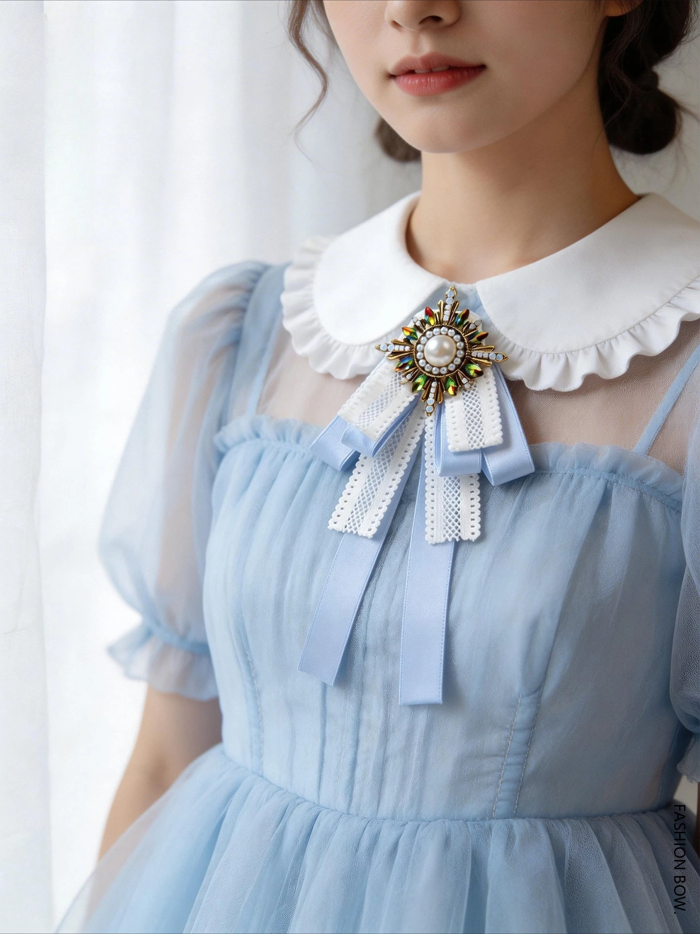 Sweet Preppy Style Lace Pearl Bow Tie Brooch Pin Blue Ribbon Decorated Noble-Style Brooch Accessory