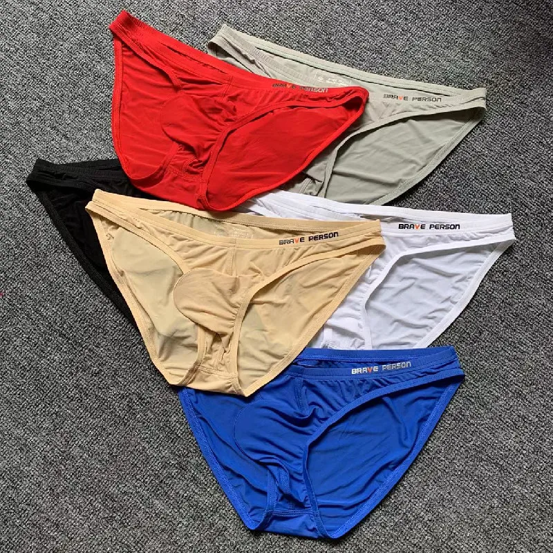 Men's underwear young low waist sexy, quick drying nylon ice silk sharp big bag solid color Briefs