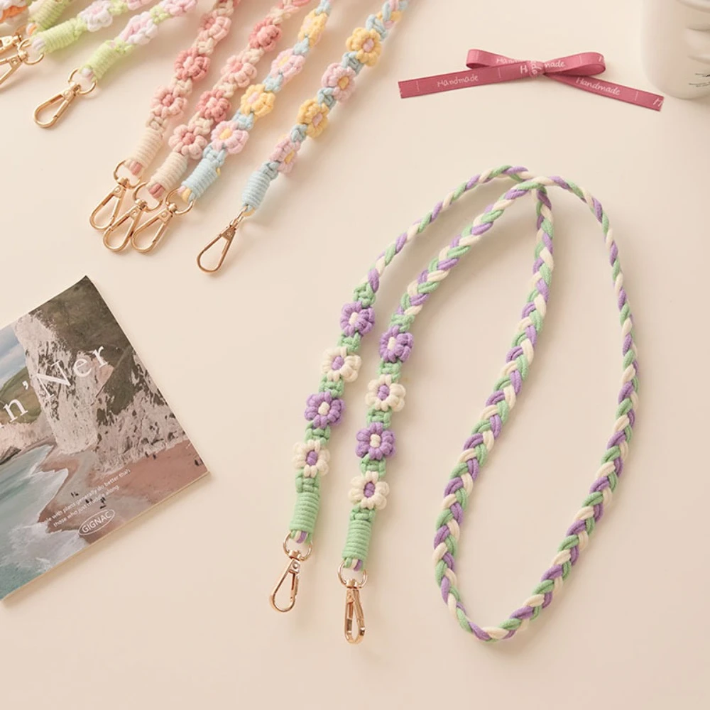 Sweet Handmade Flower Woven Chain Lanyard Anti-Lost Woven Daisy Flower Hanging Chain Pendant Knitted Bag Braided Rope Women