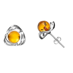 Genuine Baltic Round Amber Flower Ball Earrings for Women in 925 Sterling Silver, Rich Cognac Color