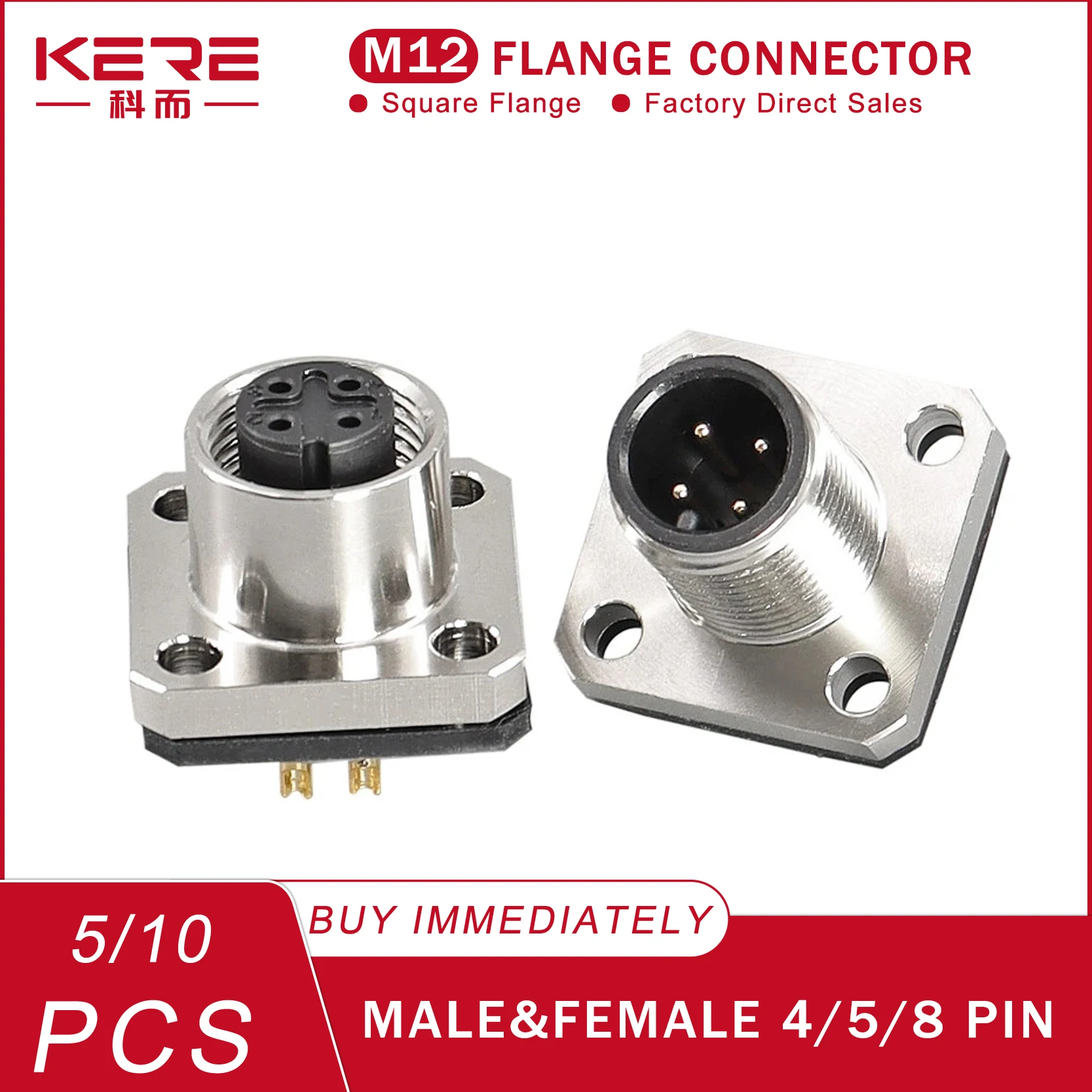 M12 Flange Male and Female Seat Aviation Plug Socket Square 12mm 4/5/8 Pin A Type Joint Welding Feet Waterproof Connector