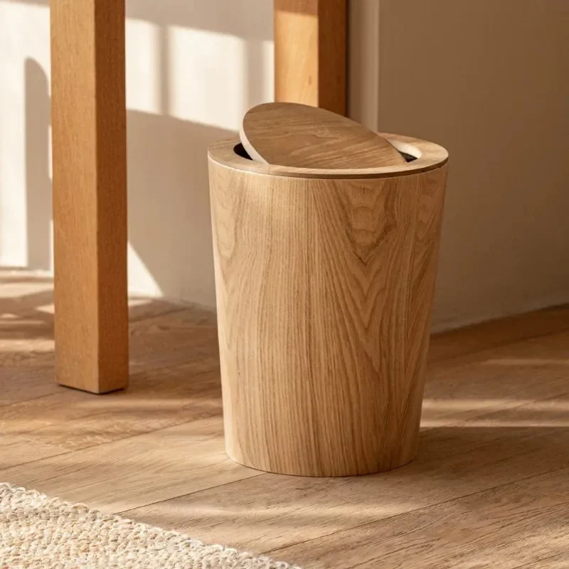 Japanese Style Simple Wooden Trash Can with Lid Creative Home Hotel Living Room Bedroom Waste Bin