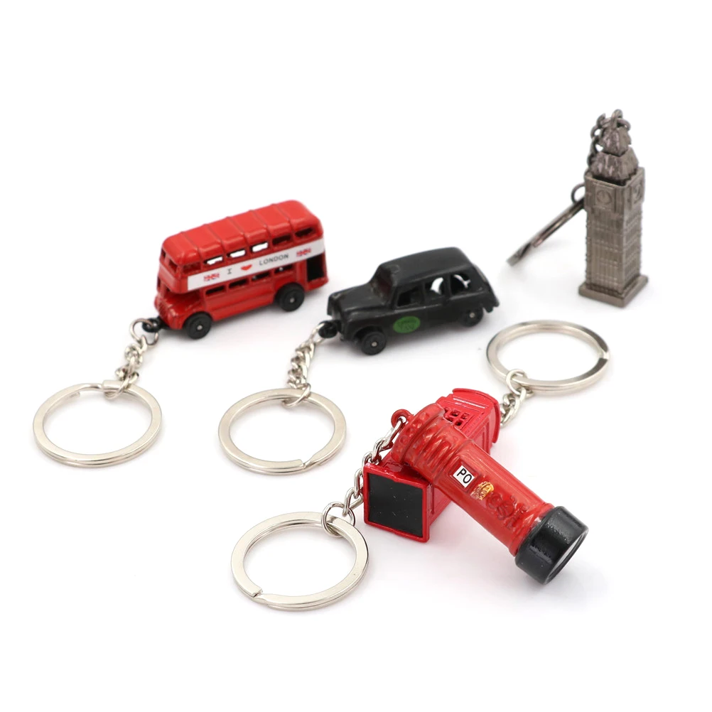 British Miniature London Model Key Ring Keychain Souvenir Red Bus Taxi