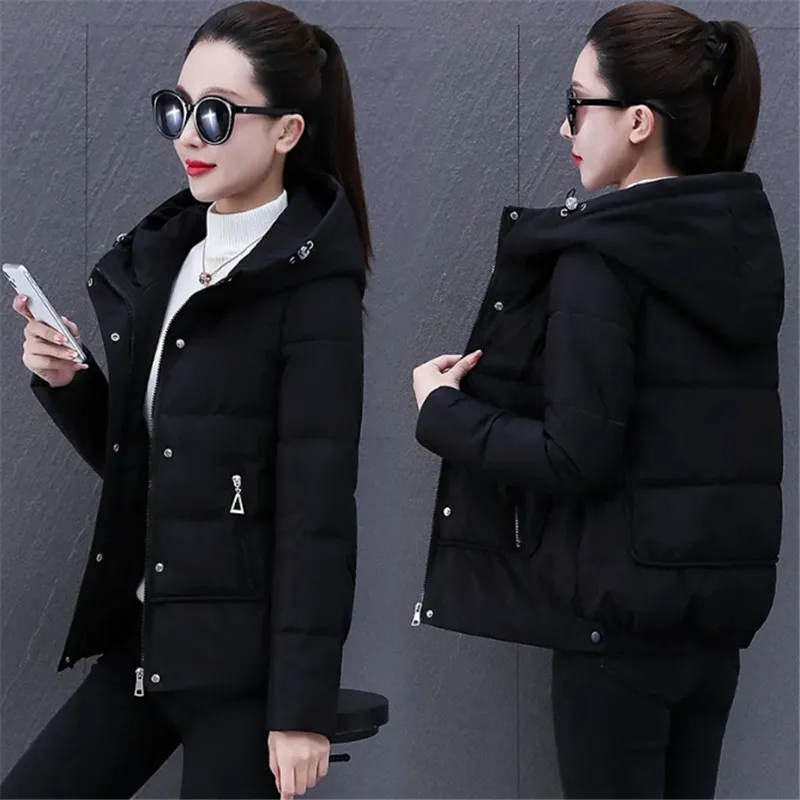 Winter Down Cotton Jacket Women 2023 New Loose Hooded Coat Fashion Concealed Zipper Outerwear Pure Colour Parka Overcoat Female