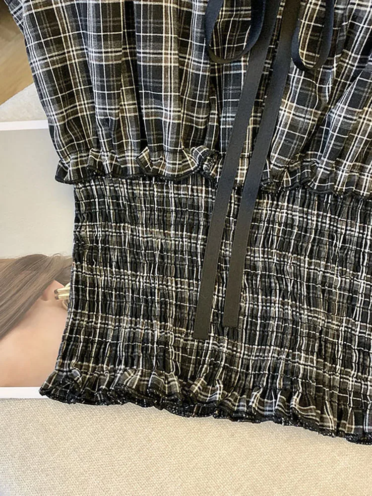 

Summer ort Sve irt Women's Retro Knot Tie Waist ort Sle Lace Splicing Plaid Blouse Korean Version Slim Fit