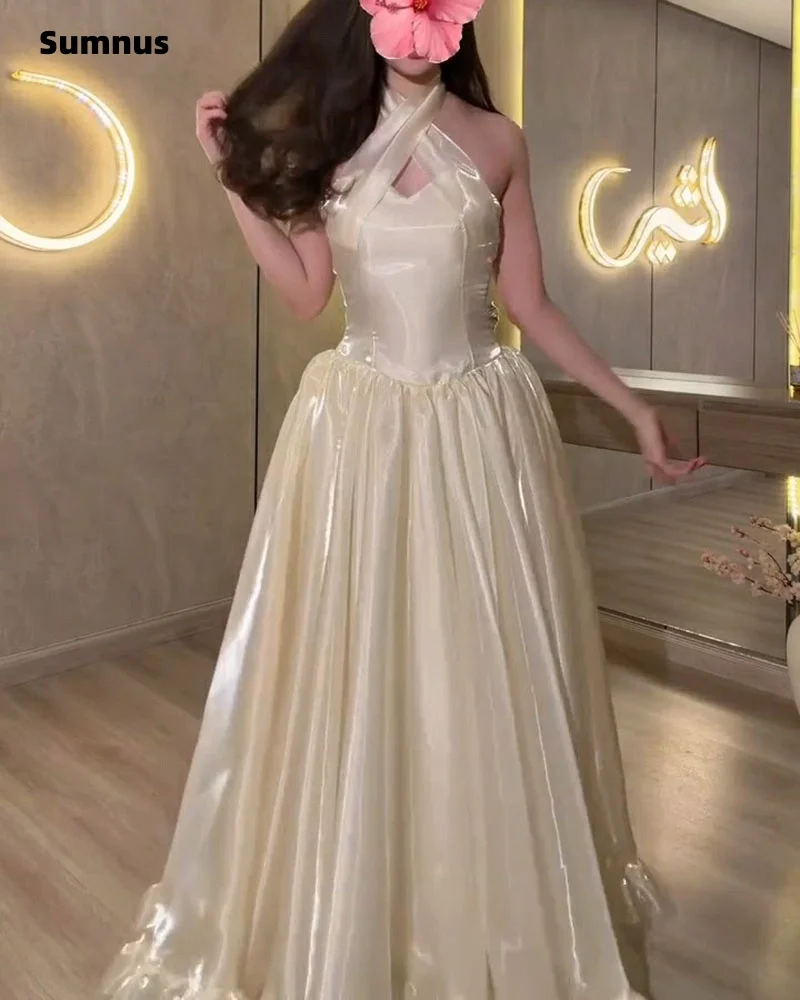 Sumnus Elegant A-Line Prom Dresses Ivory Silk Satin Halter Ruffle Draped Maxi Women Evening Dress vestidos gala Customized image 5