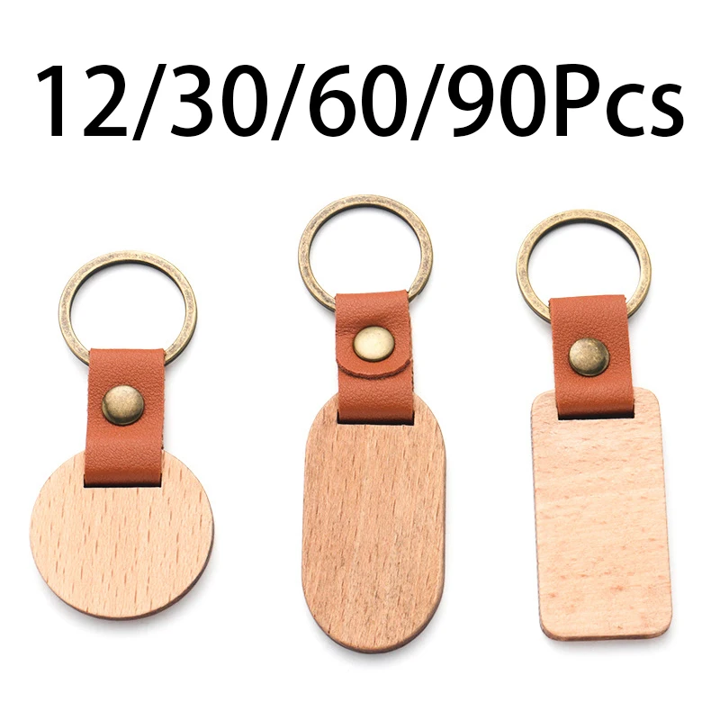 

12-90Pcs Wholesale Wood Blanks Key Ring Tag Keyring Engraving Custom Leather Key Chain Wooden Keychain For Business Gift