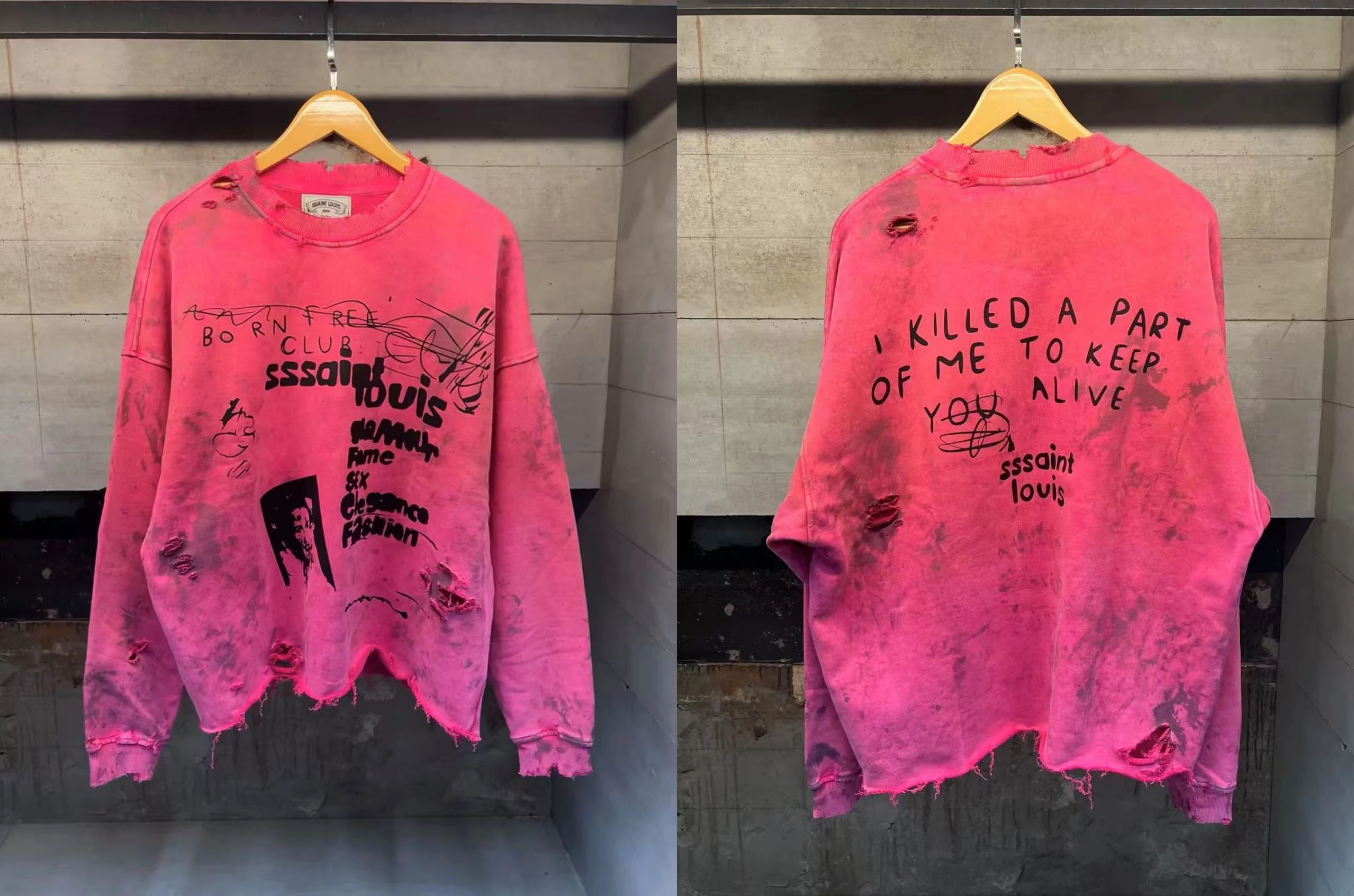 

Good Quality 25ss Washed Distress SSSAINT Red Long Sleeve T-Shirt Print Fashion Men Women Cotton Vintage Wear Holes Style