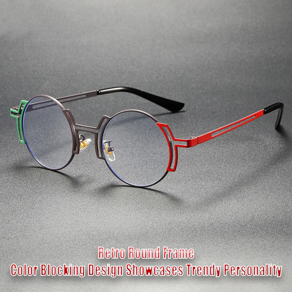 

Men's and Women's Hollow Metal Round Frame Plain Glasses Stylish Small-Frame Blue Light Blocking Non-Prescription Goggles