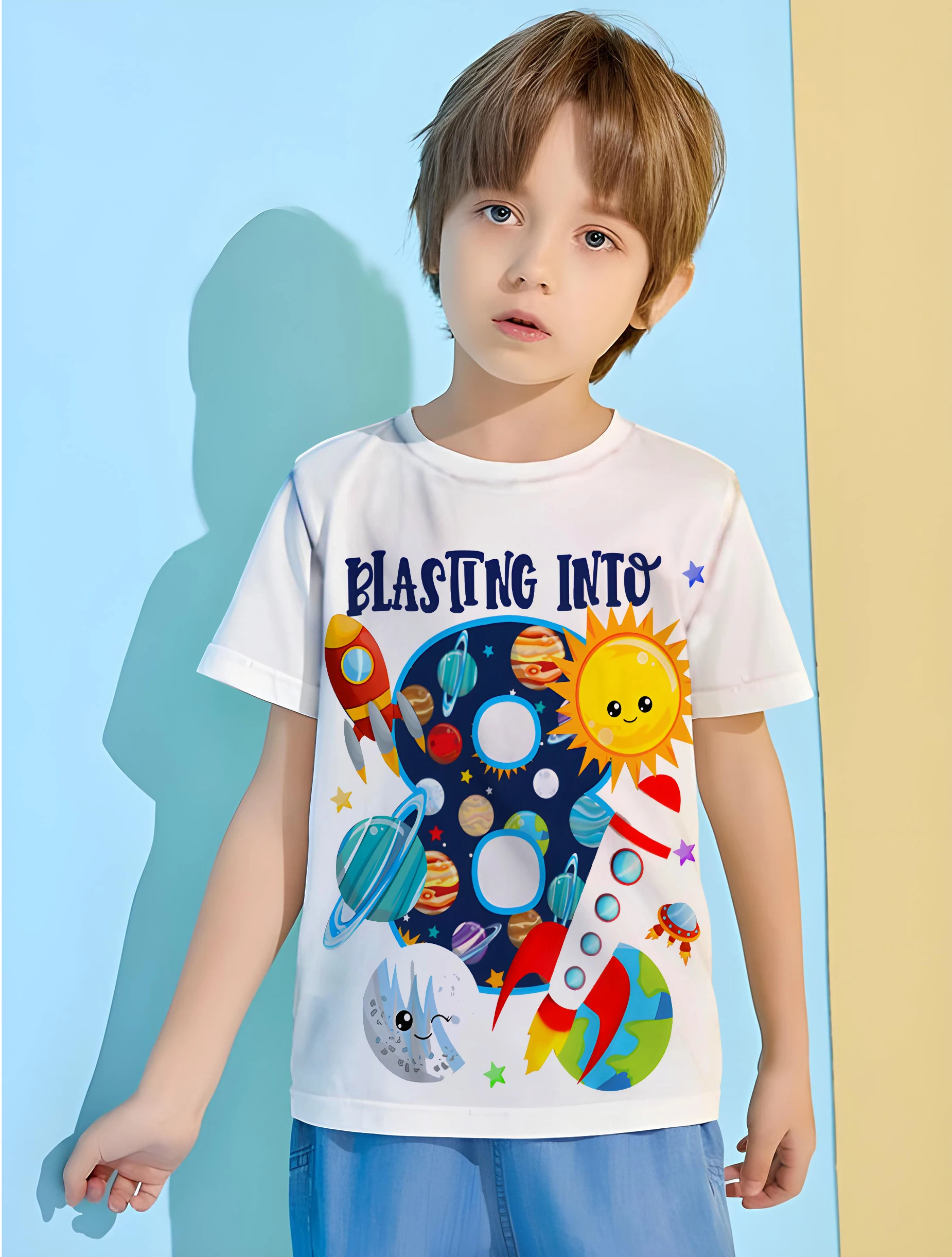 Space Planet Eight Children\'s Clothing Boys T Shirts 2024 Kids Clothes T-shirt for a Boy Child Tee Shirt Short Sleeve Tops Top