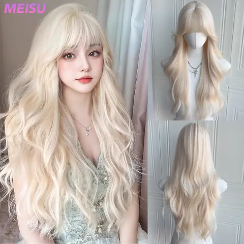 MEISU-pelucas onduladas sintéticas para mujer, 26 pulgadas, pelo con flequillo de aire, PLATINUM, resistente al calor, Natural y suave, uso diario