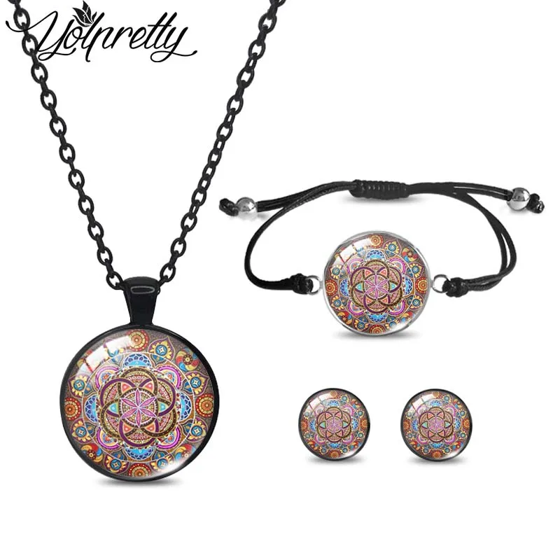 2023 New Arrival Mandala Flowers Black Necklace Rope Bracelet Stud Earrings Sets Glass Cabochon Jewelry Sets for Women