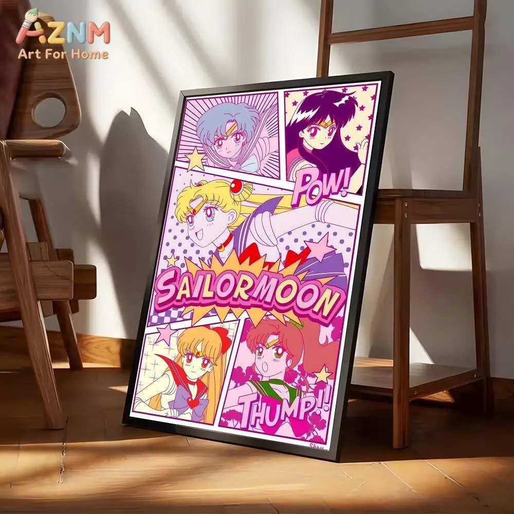 AZNM Sailor Moon Canvas Wall Art Print, Cute Pink Retro Anime Comic Style Poster for Girls Bedroom Living Room Home Decor, No Fr
