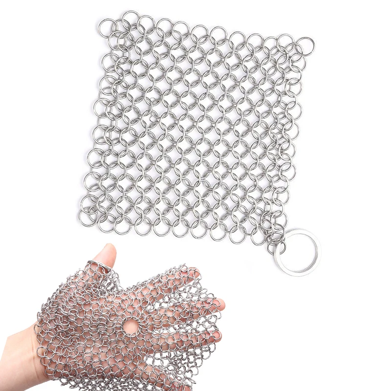 Stainless Steel Chainmail Scrubber Household Cast Iron Skillet Cleaner Cleaning Brush Cast Iron Cleaner Kitchen Scrubbing Brush