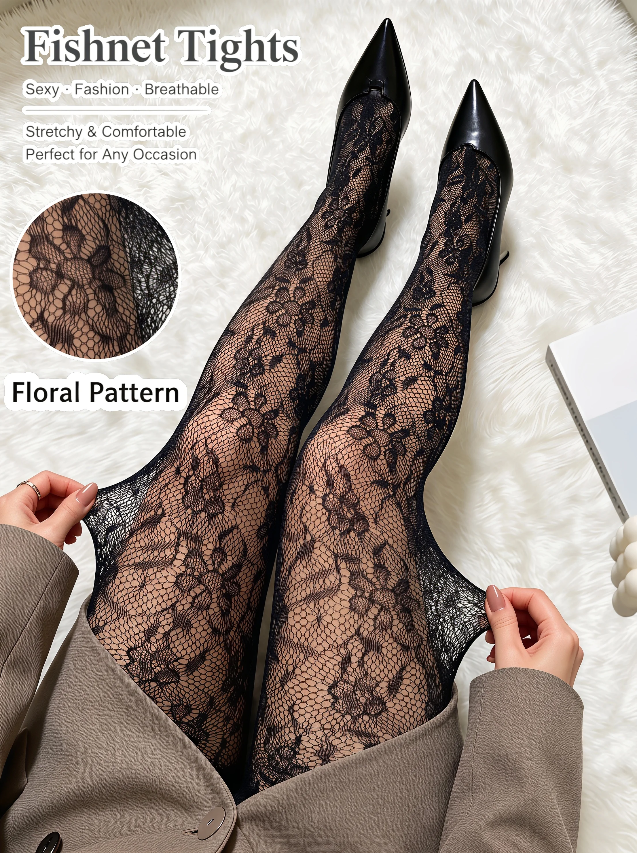1-Pack Women's Black Vintage Floral Fishnet Tights High Elastic Soft Exquisite Mesh Pantyhose