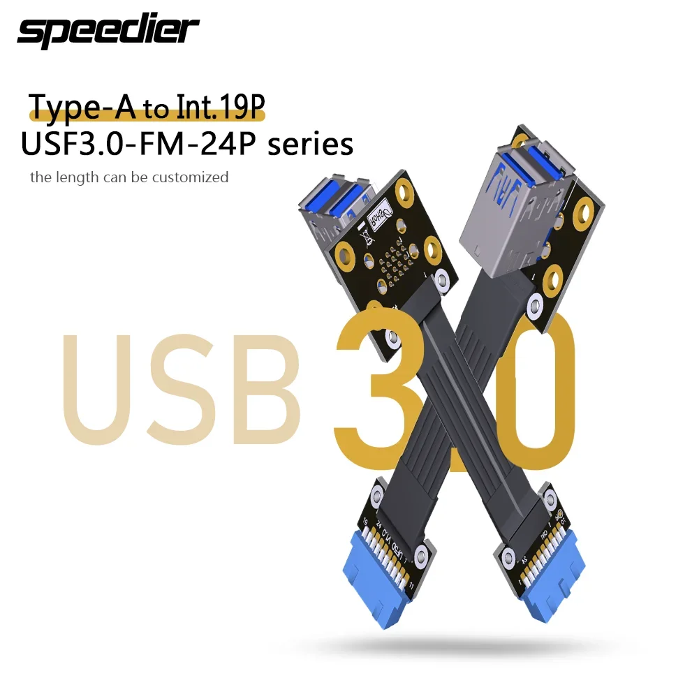 

Fold 90 Degree Double USB 3.0 Type-A Female Socket To Internal 19Pin Type-E Blue Male Flat Extension Cable with Screw Hole 5Gbps
