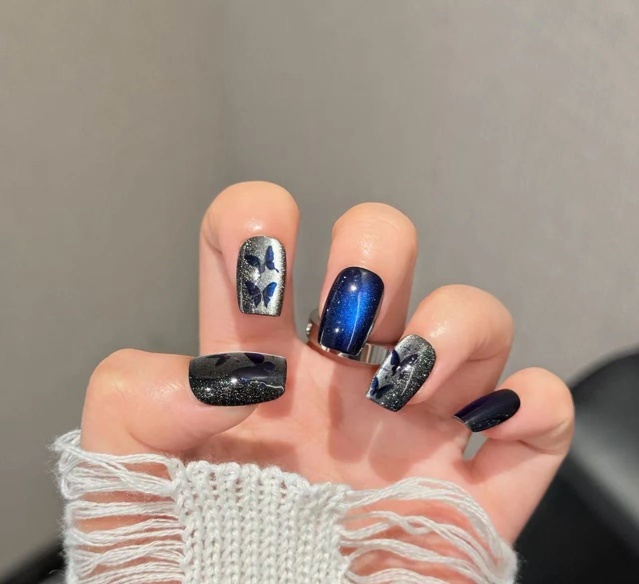 10pcs Dark Blue Shiny Butterfly Girl False Nails Short Kawaii Korean Y2k Detachable Durable Press On Woman Fake Nails Tips