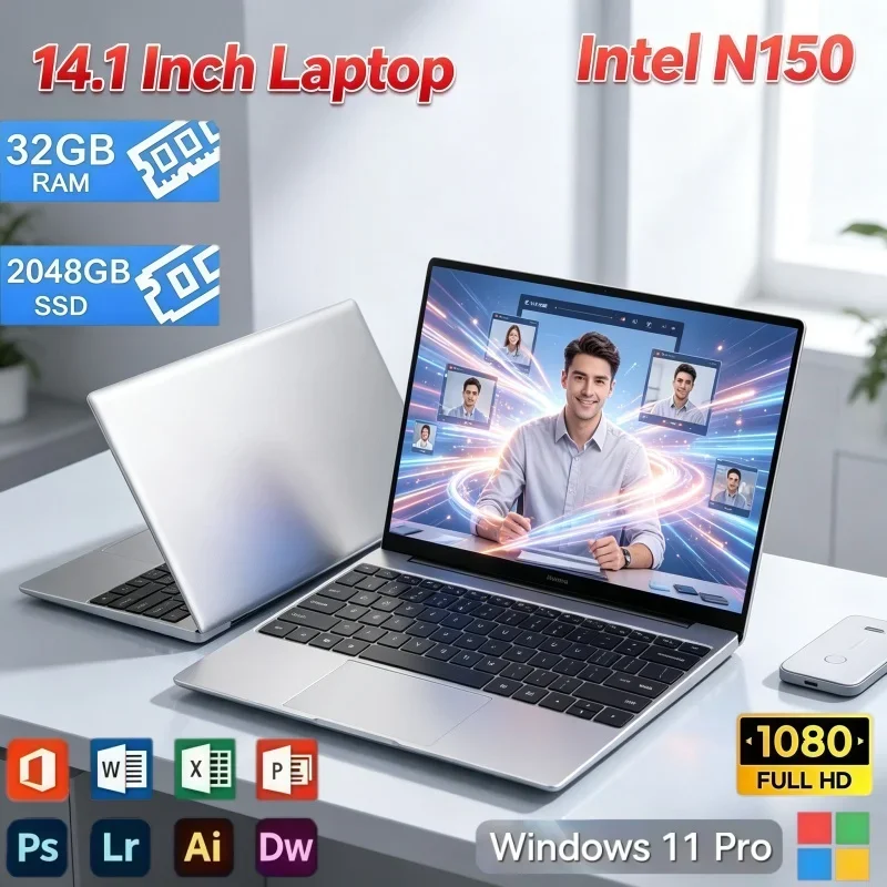 14.1'' Ultra Slim Compact Laptop PC Intel N150 32GB RAM 2TB SSD Windows11 Office Study Entertainment Gaming Notebook