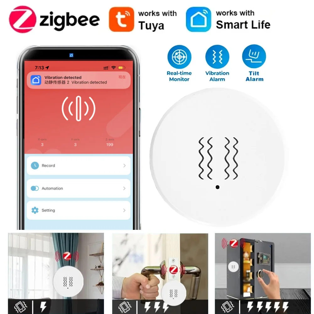 Mini Tuya Zigbee Smart Vibration Sensor Detector Smart Home Tilt XYZ Axis Sensor Real-Time Motion Shock Alarm Record Smart Life